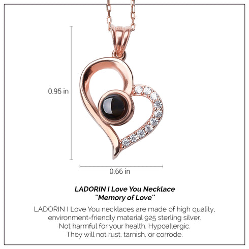 LADORIN I Love You Necklace - 925 Sterling Silver Necklace, 100 Languages Projection on Round Onyx Pendant, with Special Wooden Gift Box